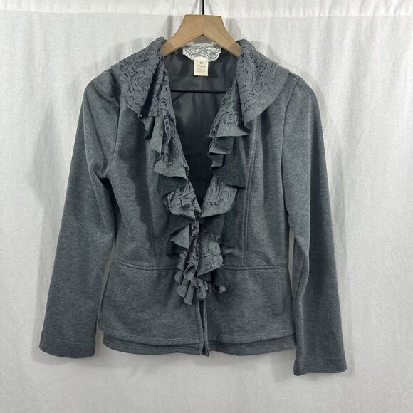 Nic & Mo Anthropologie Lace Ruffle Coquette Peplum Jersey Knit Cardigan Womens M - Picture 1 of 9